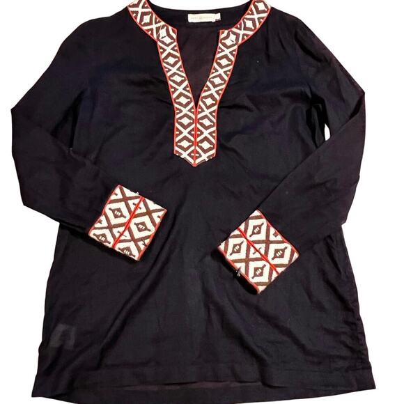 Tory Burch Embroidered Navy Tunic Size 6 Lightweight Sheer Casual Boho Beachy - Picture 1 of 8